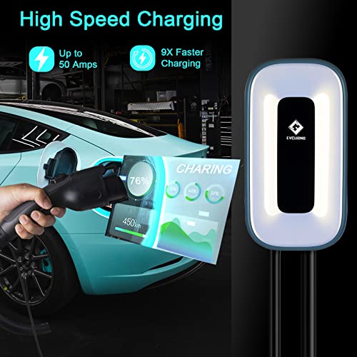 EV Charger Level 2，50 Amp Charge Station, 240V Level 2 Charger,Indoor/Outdoor EVSE, 25Ft Cable& 37" Power Cord Level 2 ev Charger, 2.4GWiFi/APP/RFID Card (NEMA14-50 Plug or Hardwired)