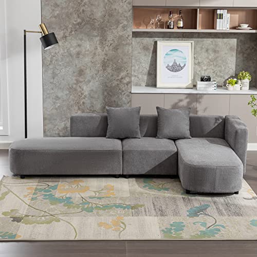 110.20" L Shape Curved Sofa with Extra Chaise Lounge, Modern Chenille Upholstery Deep Seat Sectional Couch, Minimalist Style Comfy Sofa&Couch with Pillows for Living Room Furniture Sets