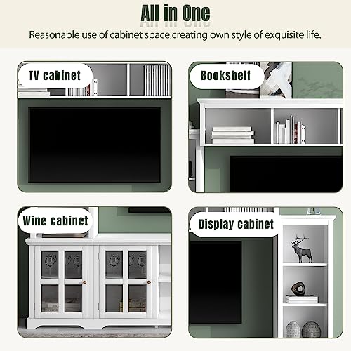 Entertainment Wall Unit with Large Storage Cabinets and Shelves Multifunctional TV Stand for TVs Up to 70" Modern 104" Wide Entertainment Center Wall Unit with Bridge, White