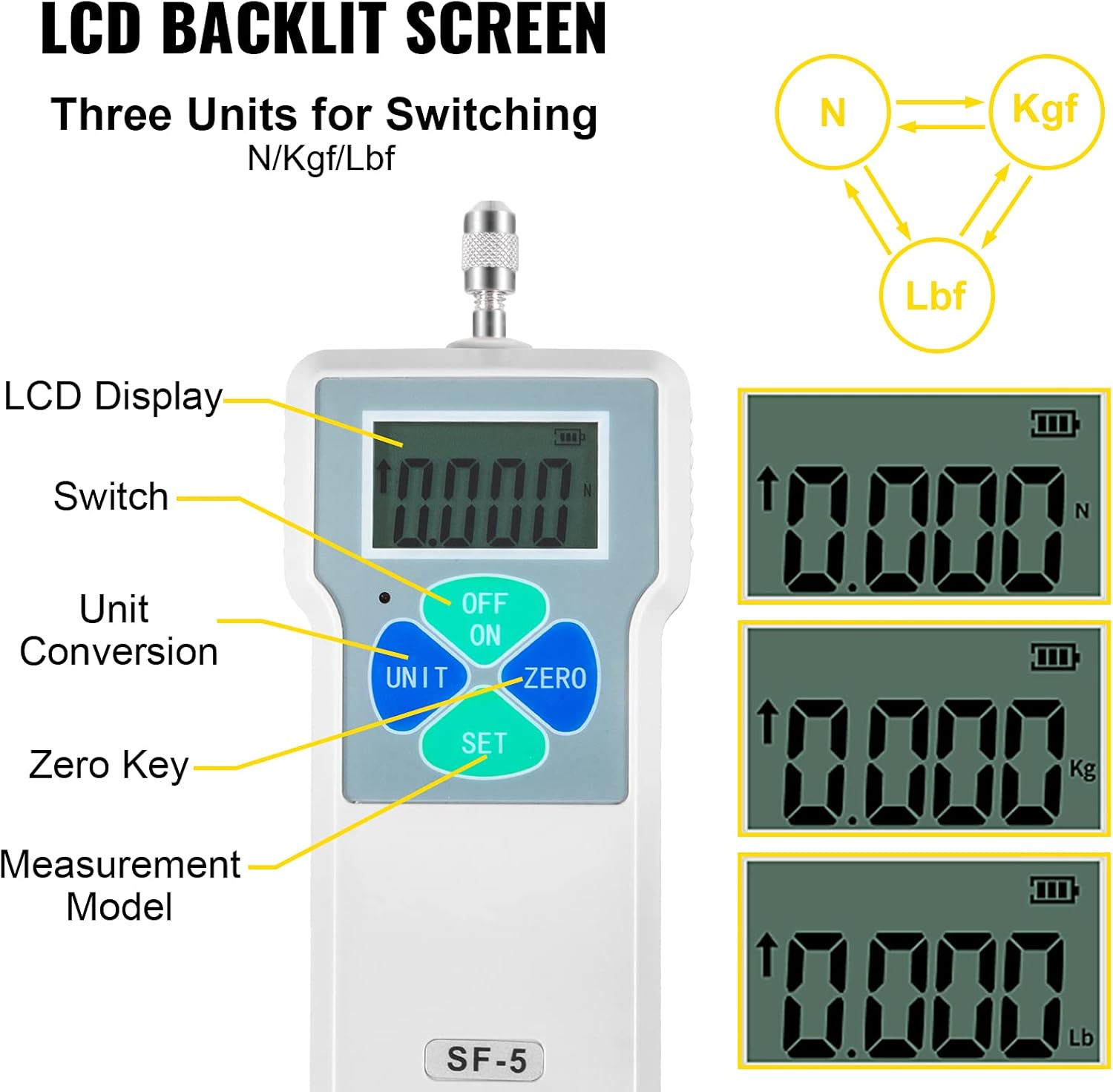 VEVOR Digital Force Gauge 500N/50kgf/110lbf Push Pull Force Gauge w/LCD Backlight Display Pull Force Tester Peak/Track Mode Digital Thrust Meter Data Storage for Compression Load Plug Force Test