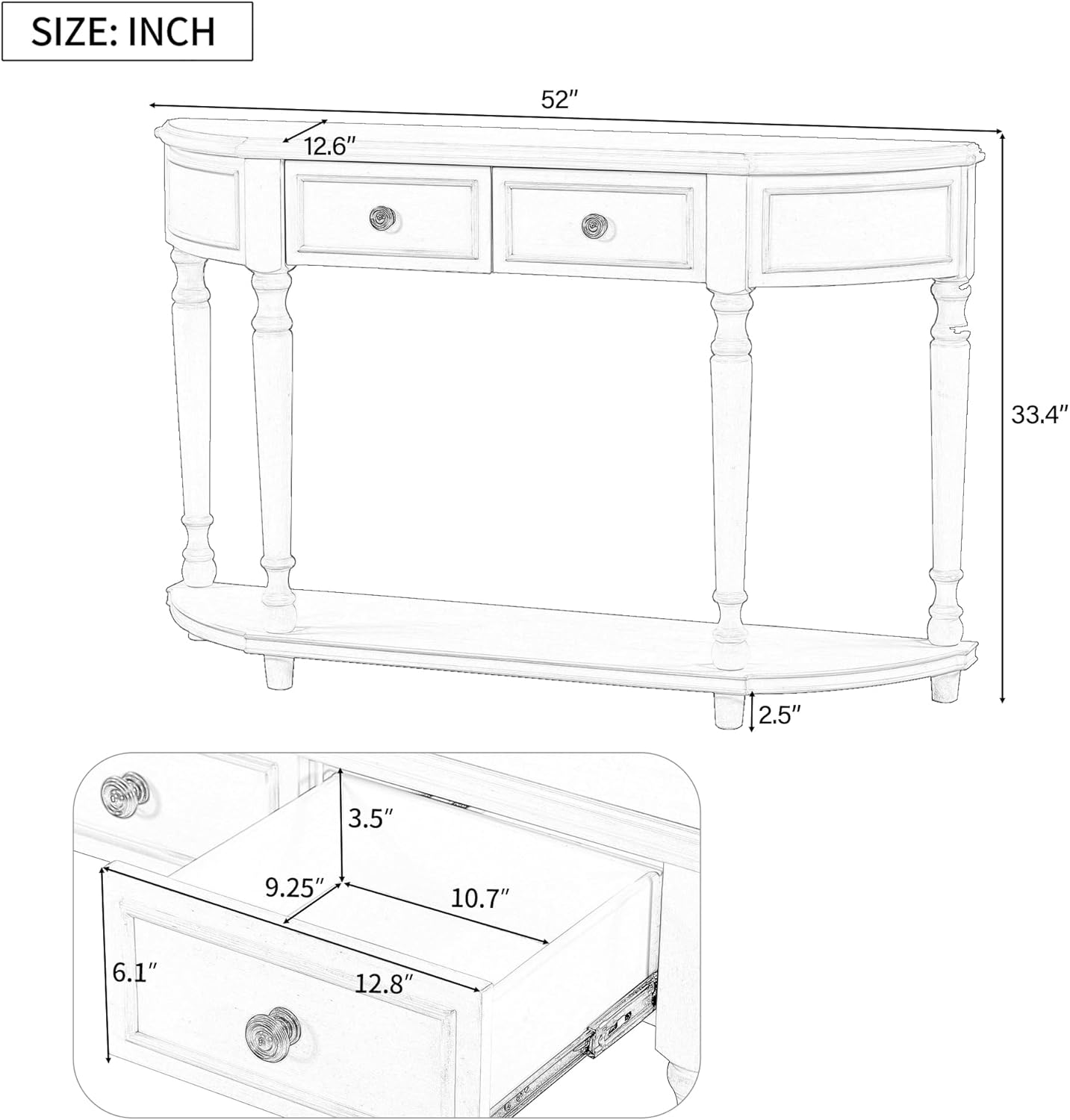 Storage Cabinet Retro Circular Curved Console Open Shelf and 2 Top Drawers, Half Moon Entry Solid Wooden Frame and Legs,Wood Sofa Tables, for Hallway, Living Room, White