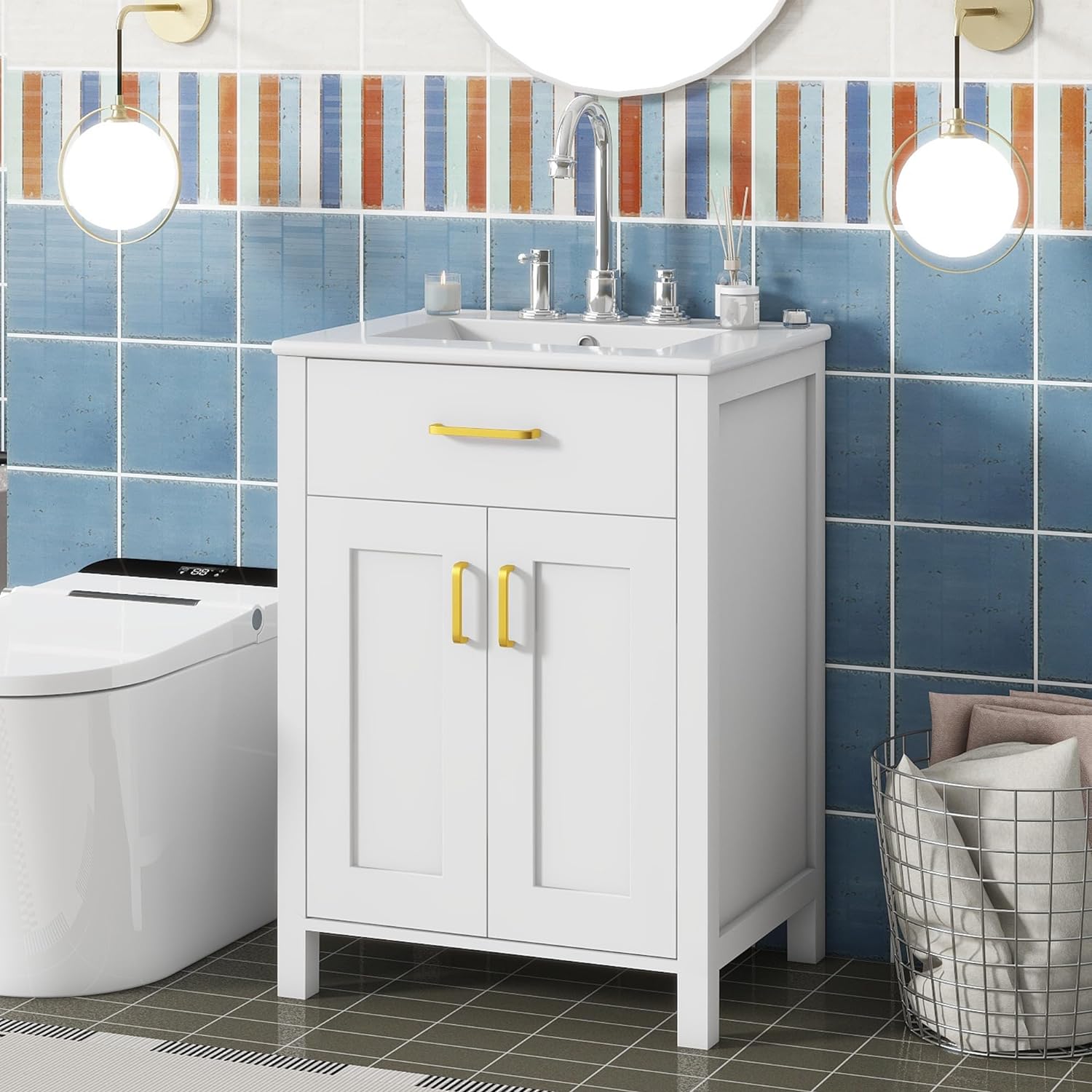Harper & Bright Designs 24" Bathroom Vanity with Sink, Free Standing Single Basin Vanity Set with 2 Soft-Close Doors and Drawer, Modern Wooden Bathroom Cabinet with Ceramic Basin for Bathroom, White