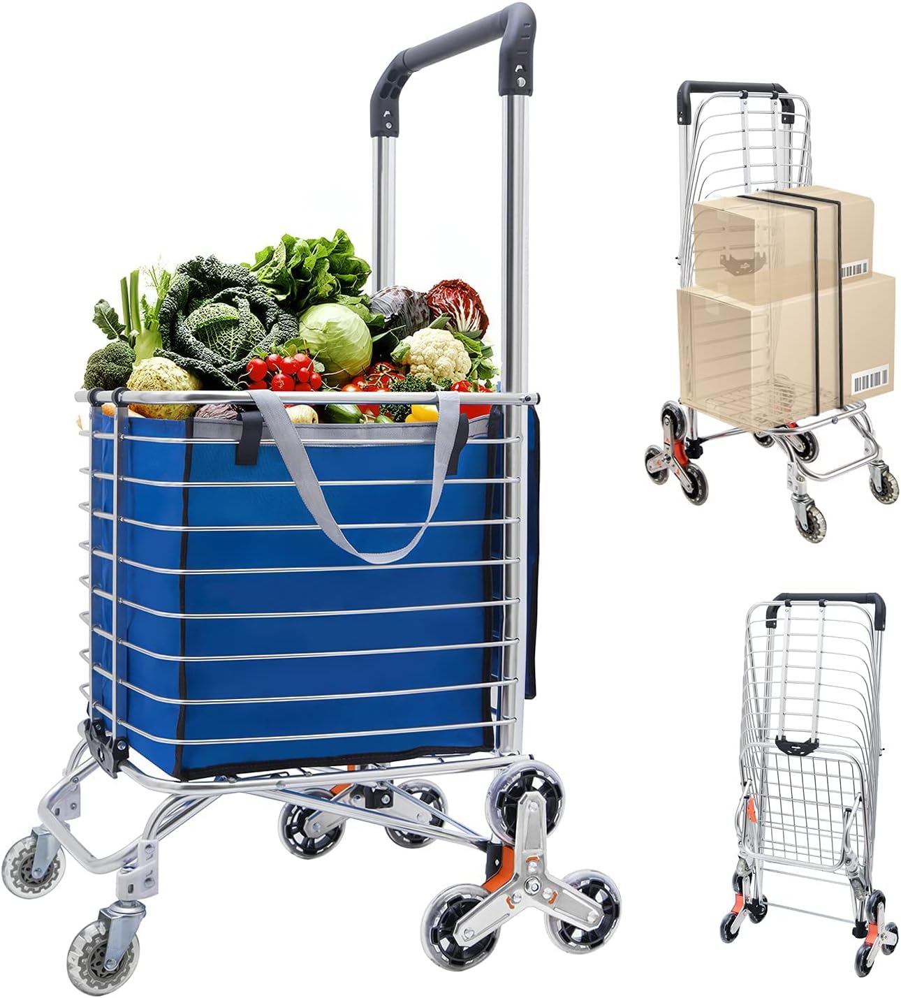 Shopping Cart with Wheels Large Heavy Duty Foldable Stair Climbing Cart with 8 Wheels, Double Handle Rolling Grocery Laundry Utility Cart(Blue)