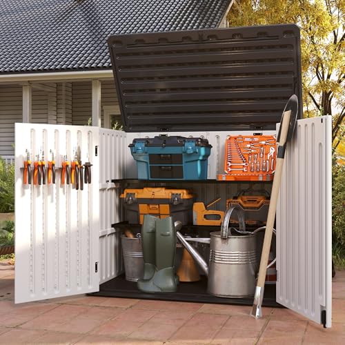 Vertical Resin Storage Shed, 60 Cuft Garden Tool Sheds & Outdoor Storage, Plastic Outdoor Storage Cabinet Waterproof, 4.5 x 2.3 ft Backyard Outside Lawn Mower Storage Shed, White