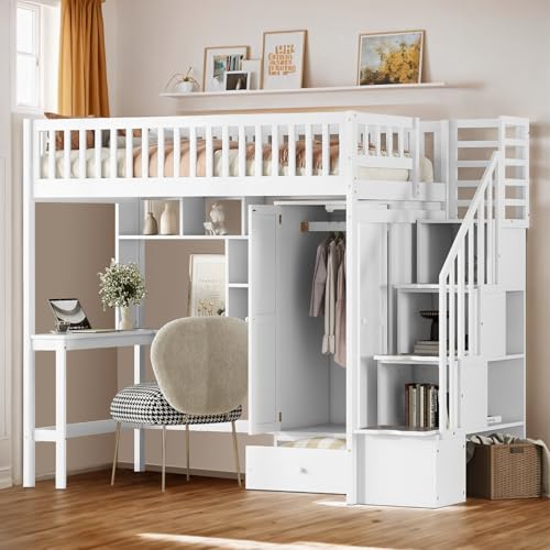 Full Size Loft Bed with Wardrobe Desk Storage Stairs, Wood Loft Bed Frame with Bookcase and Drawers, High Loft Bedframe for Kids Teens Adults, No Box Spring Needed, Espresso