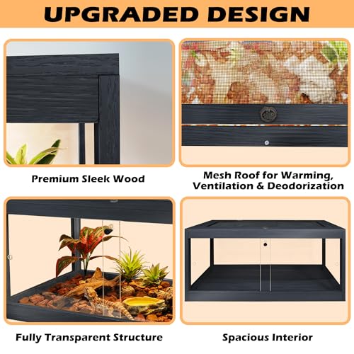 Reptile Terrarium Up to 81 Gallon, Reptile Habitat, Bearded Dragon Tank with Metal Mesh Roof, Suitable for All Types of Reptile, Lizard, Snakes (Black, 63 Gallon (40x20x20 Inch))