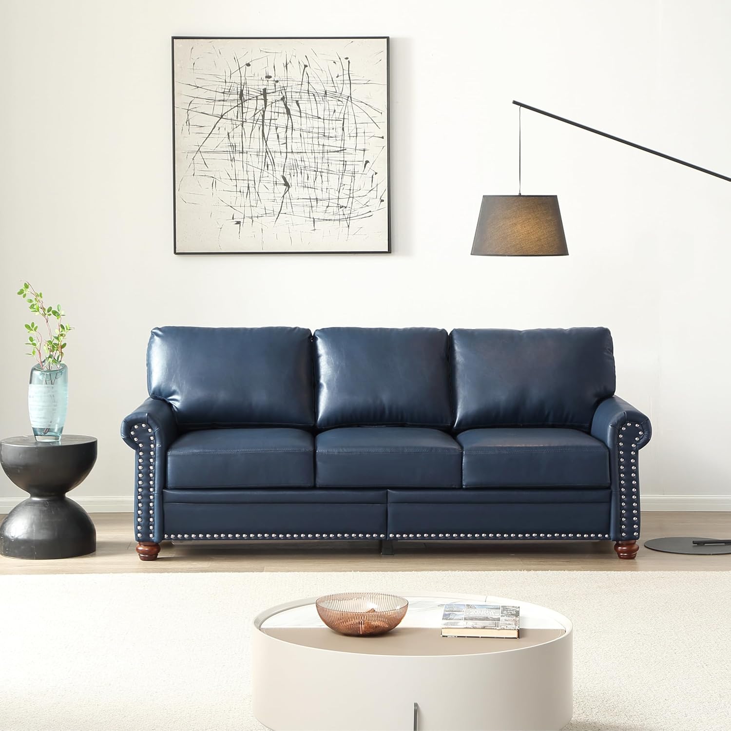 3 Seater Leather Deep Seat Sofa with Storage Box Navy Blue Solid Classic Modern Contemporary Nailheads Removable Cushions