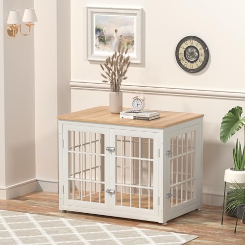 48 Inch Heavy Duty Dog Crate Furniture for Large Dogs, Decorative Pet House End Table, Extra Large Wooden Cage Kennel Furniture Indoor, Natural and White