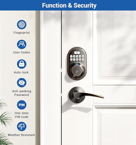Veise Fingerprint Door Lock with 2 Lever Handles - Keyless Entry Door Lock, Keypad Door Lock with Handle, Electronic Deadbolt Front Door Lock Set, Auto Lock, Easy Installation, Oil Rubbed Bronze