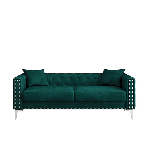 FANYE Velvet Upholstered 2 Pillows,Modern 3 Seaters Sofa Couch with Nailhead Decor and Metal Legs for Living Room, 83", Blue