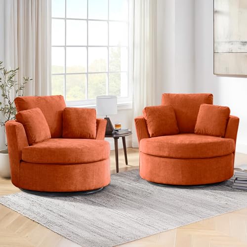 Chair and A Half with Ottoman, 360° Swivel Accent Barrel Chair Modern Comfy Round Reading Sofa Swivel Chairs Circle Lounge Chair for Bedroom Living Room w/4 Pillow Lower Seating Heigh (White, Large)