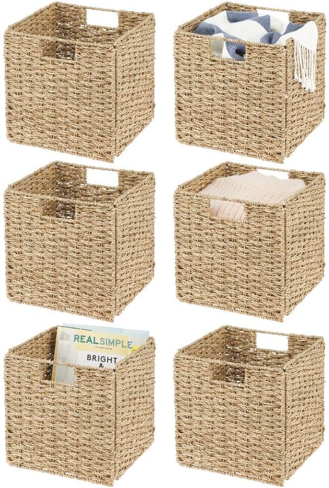 mDesign Seagrass Woven Cube Foldable Storage Bins Basket Organizer with Handle - for Organizing Closet, Laundry, Home Office, Nursery, Kitchen, Bathroom Shelf - 6 Pack - Natural