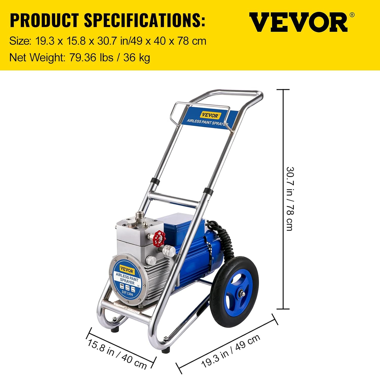VEVOR Airless Paint Sprayer, 1500W High Efficiency Cart Airless Paint Sprayer, 1GPM 50FT Hose Paint Sprayer w/ 621 Tip & 6in Extension Bar, Ideal for Home Interior Exterior