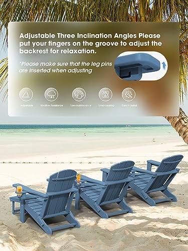 KINGYES Folding Adjustable Adirondack Chair with Retractable Ottoman Set of 4, HDPE All Weather Chair with Cup Holder, Wood-Like Reclining Adirondack Chair- Versatile Adirondack Chair, White