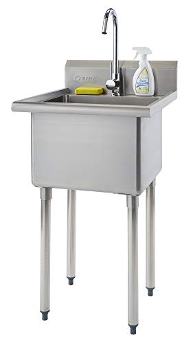 TRINITY THA-0307 Basics Stainless Steel Freestanding Single Bowl Utility Sink with Chrome Faucet, NSF Certified, for Garage, Laundry Room, and Kitchen, 21.5” x 24” x 49.2”, Silver