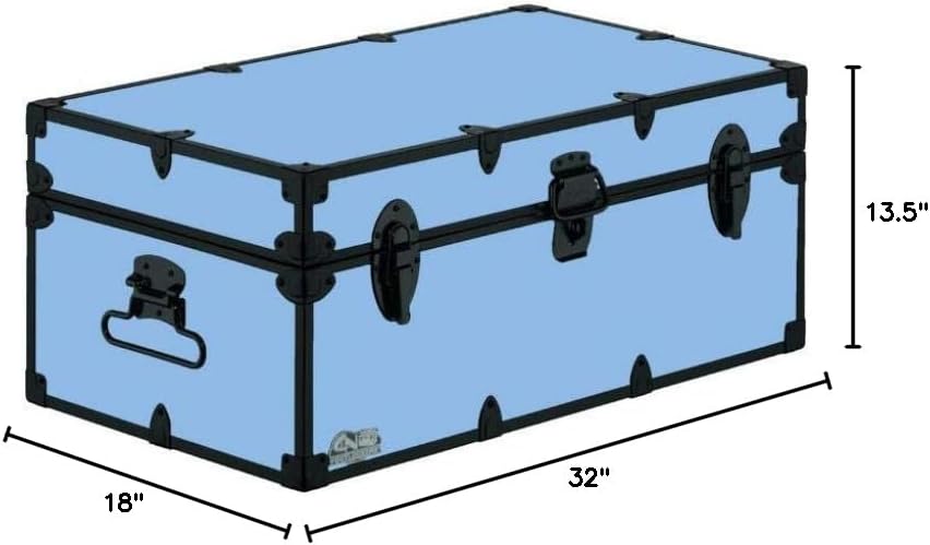 C&N Footlockers - Full-Size Happy Camper Trunk w/Black Trim - #1 Summer Camp Trunk - Made in the USA - Steel Footlocker with Lid Stay - 32 x 18 x 13.5 Inches (Light Blue)