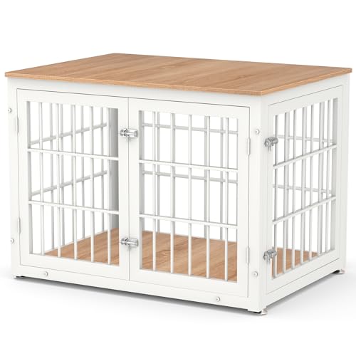 48 Inch Heavy Duty Dog Crate Furniture for Large Dogs, Decorative Pet House End Table, Extra Large Wooden Cage Kennel Furniture Indoor, Natural and White