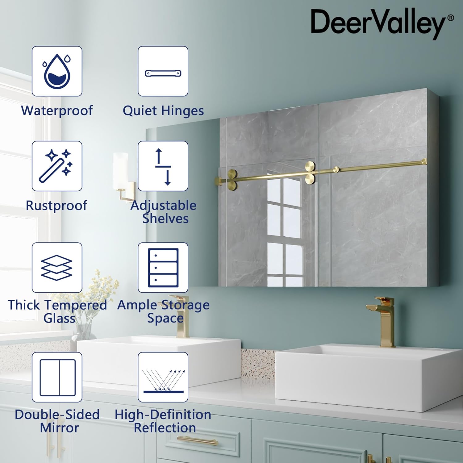48 inch Medicine Cabinet with Mirror, DeerValley Aluminum 3 Door Mirrored Medicine Cabinet, Frameless Modern Wall Mount Mirrored Medicine Cabinets with 3 Doors and 2 Adjustable Shelves