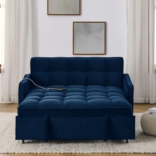 57.1" Convertible Sofa Bed, 3 in 1 Multi-Functional Lounge Chair Sleeper Loveseat , Pull Out Couch Guest Bed Futon Sofabed Sofacama with Adjustable Backrest and Side Pockets for Living Room Office