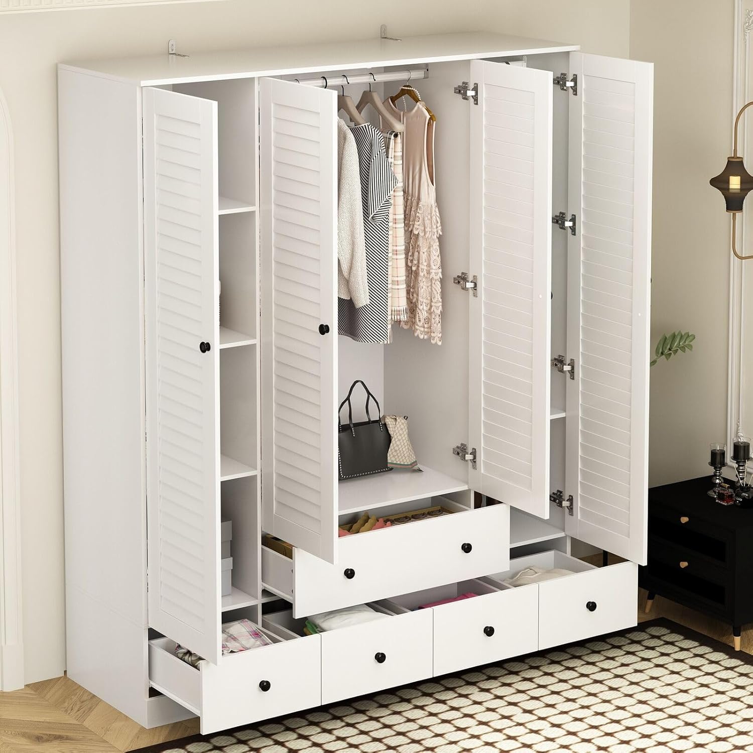 Rustic White Large Capacity Slat Door Wardrobe Closet with 5 Drawers and 4 Doors Roomy Storage, E355142988740