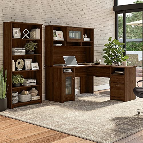 Bush Furniture Cabot 60W L Shaped Computer Desk with Hutch and 5 Shelf Bookcase in White
