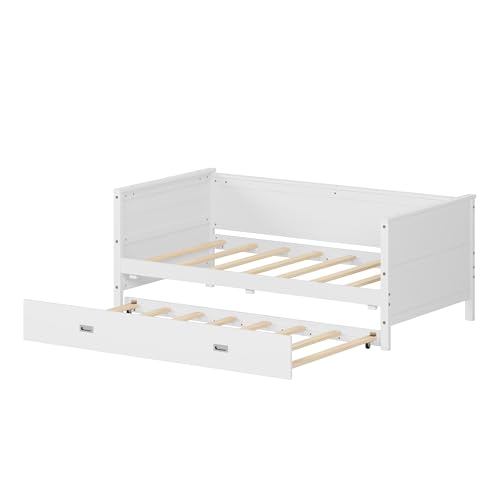 Harper & Bright Designs Twin Size Solid Wood Daybed with Trundle for Kids Teens Dorm Bedroom Multipurpose Guest Room or Home, White
