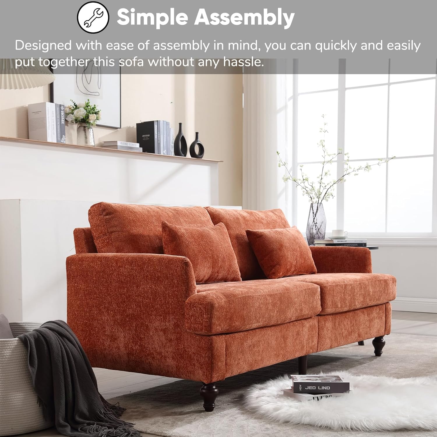 JOYBASE 70 inch Loveseat Sofa, Mid-Century Modern Love Seat Couch with Wood Legs, Upholstered Comfy Sofa for Living Room, Apartment, Office, Bedroom (Burnt Orange, Chenille)