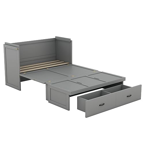 Full Size Murphy Bed, Cube Cabinet Space-Saving Murphy Bed with Shelf and Built-in Charging Station for Multipurpose Guest Room or Home Office,Gray