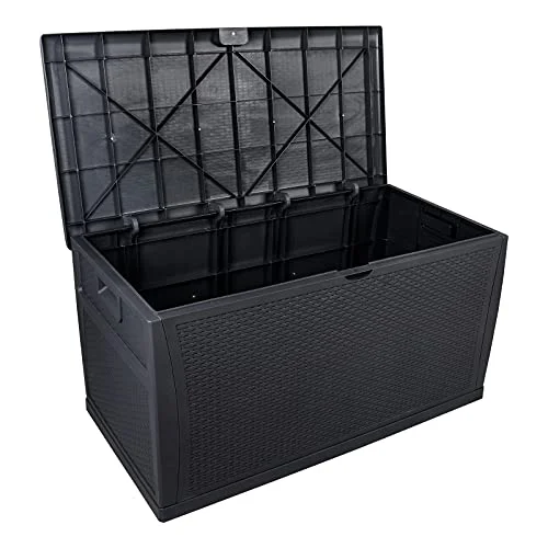120 Gallon Deck Box, Large Patio Resin Waterproof Black Outdoor Storage Box Outdoor Container for Patio Cushions, Outdoor Furniture, Garden Tools and Pool Toys (Black) - Curated Treasures Market