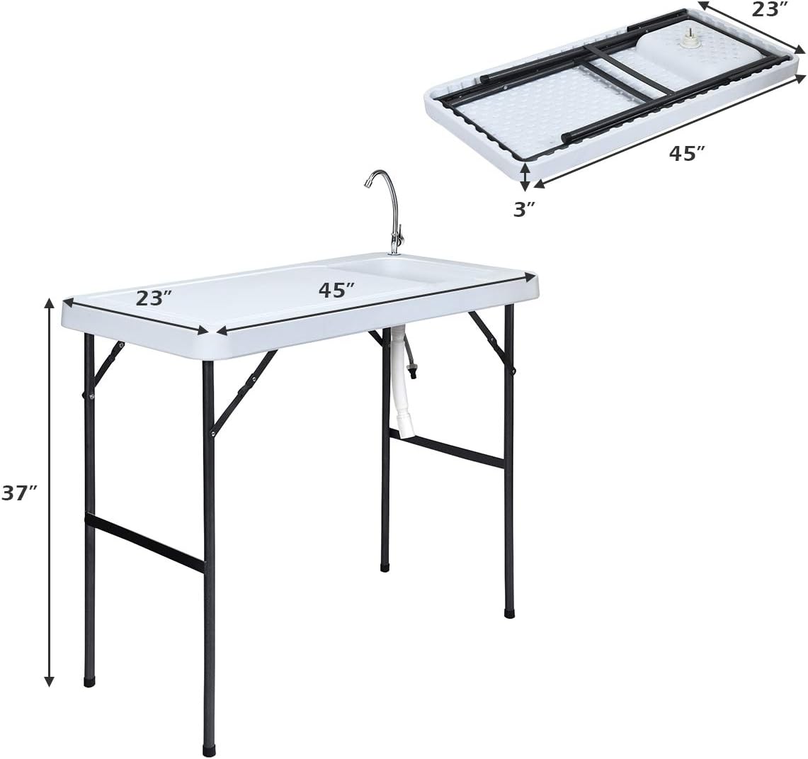 Giantex Folding Fish Cleaning Table, Camping Table with Sink and Faucet, Picnic Table with Drain Hose, Outdoor Cutting Table, Portable Fish Table, 45x 23.6x 37.4