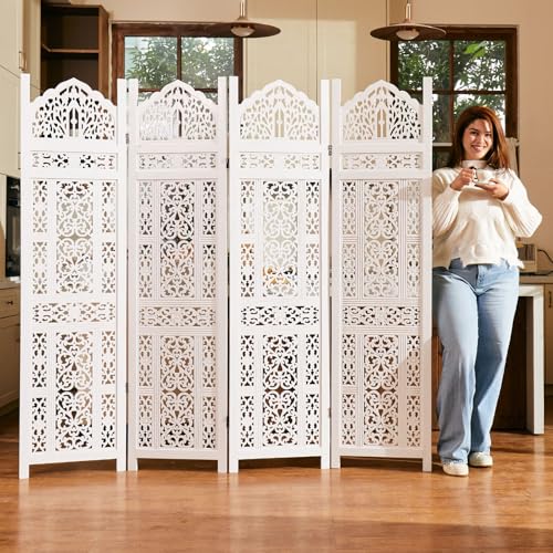 5.75Ft Room Divider Wood Carved Wall Divider Indoor Folding Portable Partition Screen for Home Office Garden Terrace - 4 Panel (Antique Brown)