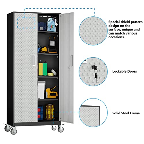 Tall Metal Garage Storage Cabinet, 72" Tool Storage Cabinet Utility Locker with Wheels, Adjustable Shelves & Locking Doors- Pantry Cabinets for Kitchen, Classroom, Bathroom, Basement Organization