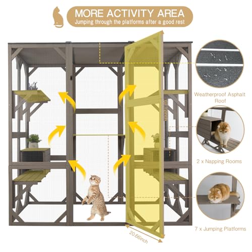 71" Catio Outdoor Cat Enclosure, Large Wooden Outdoor Cat House Kitty Catio Enclosure for Indoor Cats, Outdoor Catios Weatherproof Attached to Window Catio for Cats, 7Platforms-71 H