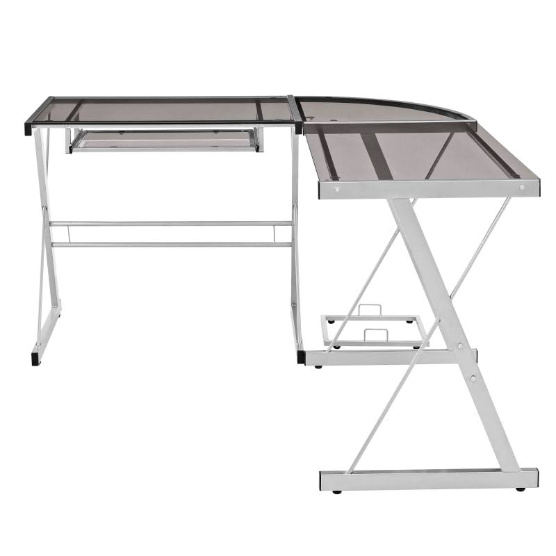Delacora WE-BD51L29 51x22 Wide Glass and Steel L Shaped Computer Desk Smoke with Silver
