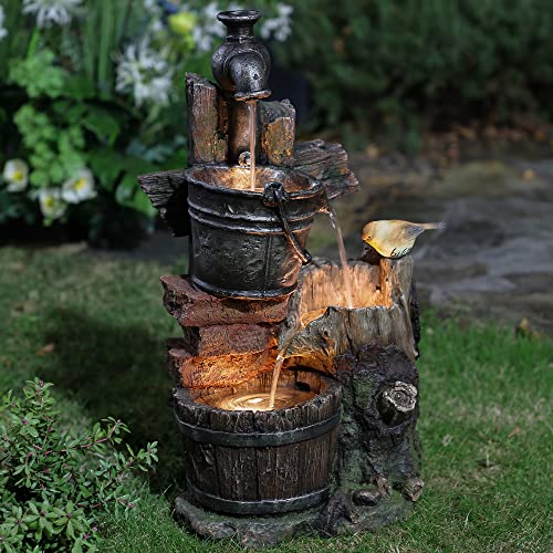 LuxenHome 22.4" Farmhouse Pump and Pots Resin Outdoor Fountain with LED Lights Outdoor and Indoor Water Fountain for Gardens, Landscaping, Patios, Balconies, and Lawns