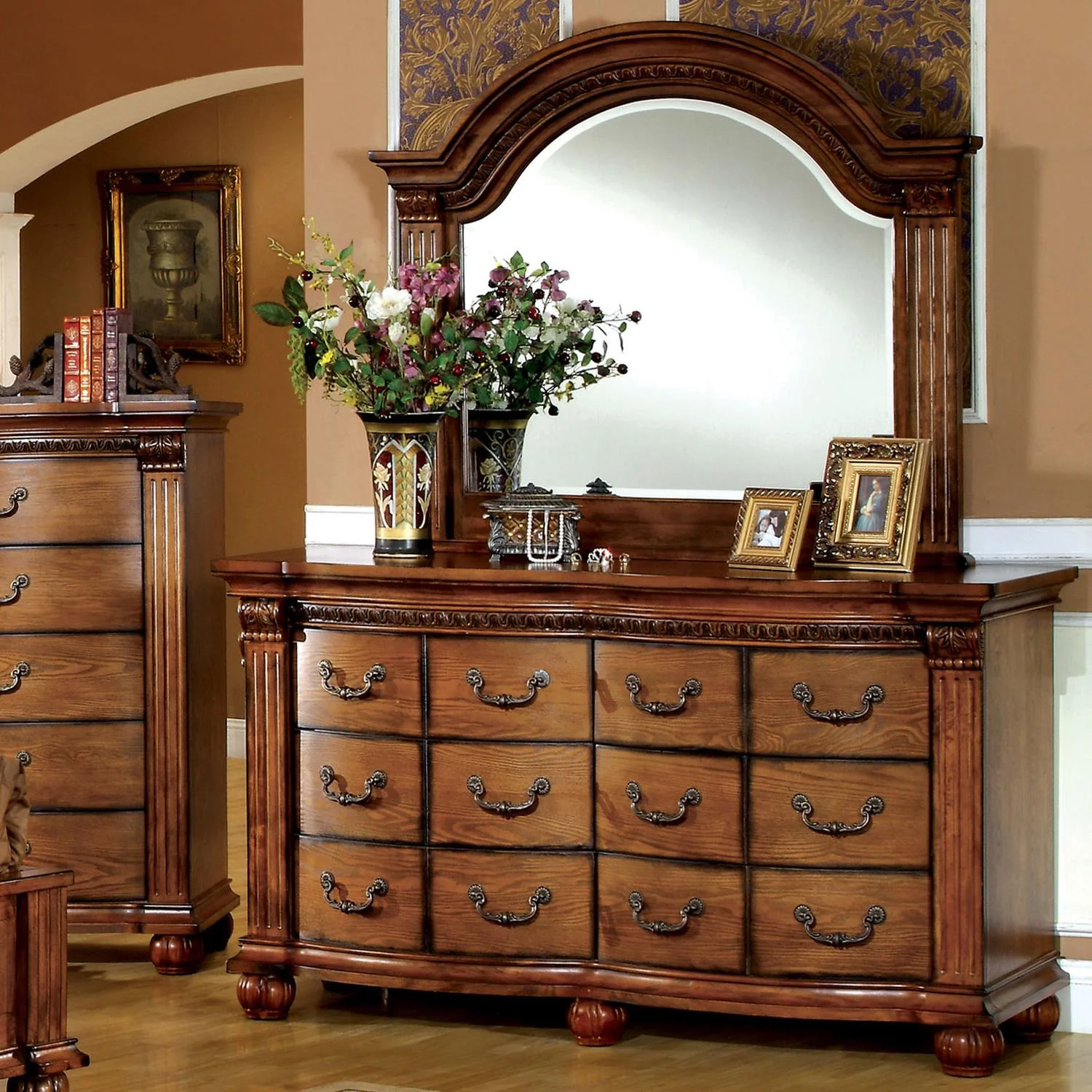 Antique Tobacco Oak Solid Wood King Bedroom Set 3pcs FOA CM7738-EK Bellagrand