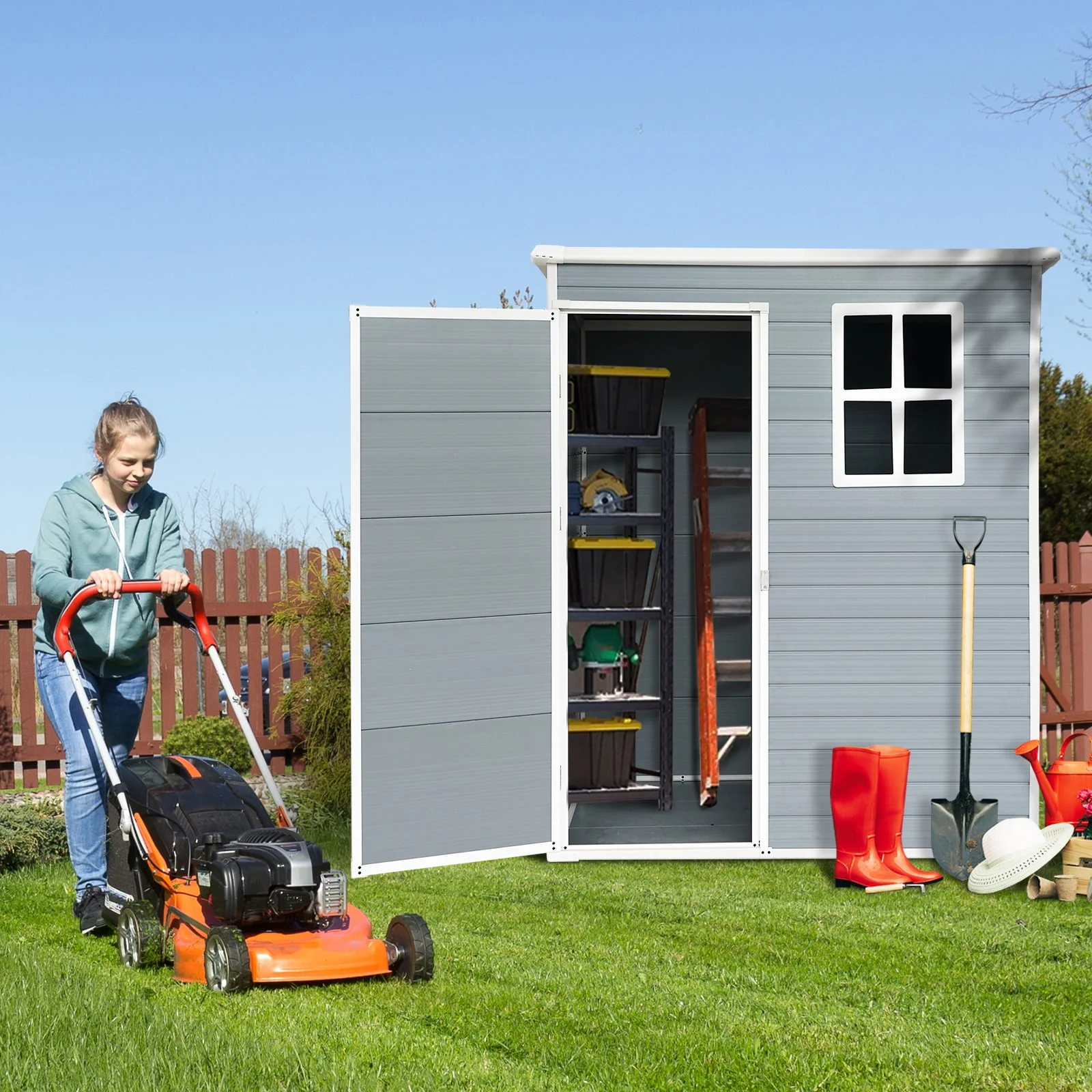 6' x 4.4' Plastic Outdoor Shed, All-Weather Resin Large Backyard Storage Sheds with Reinforced Floor, Lockable Door Garage Patio Garden Storage Shed