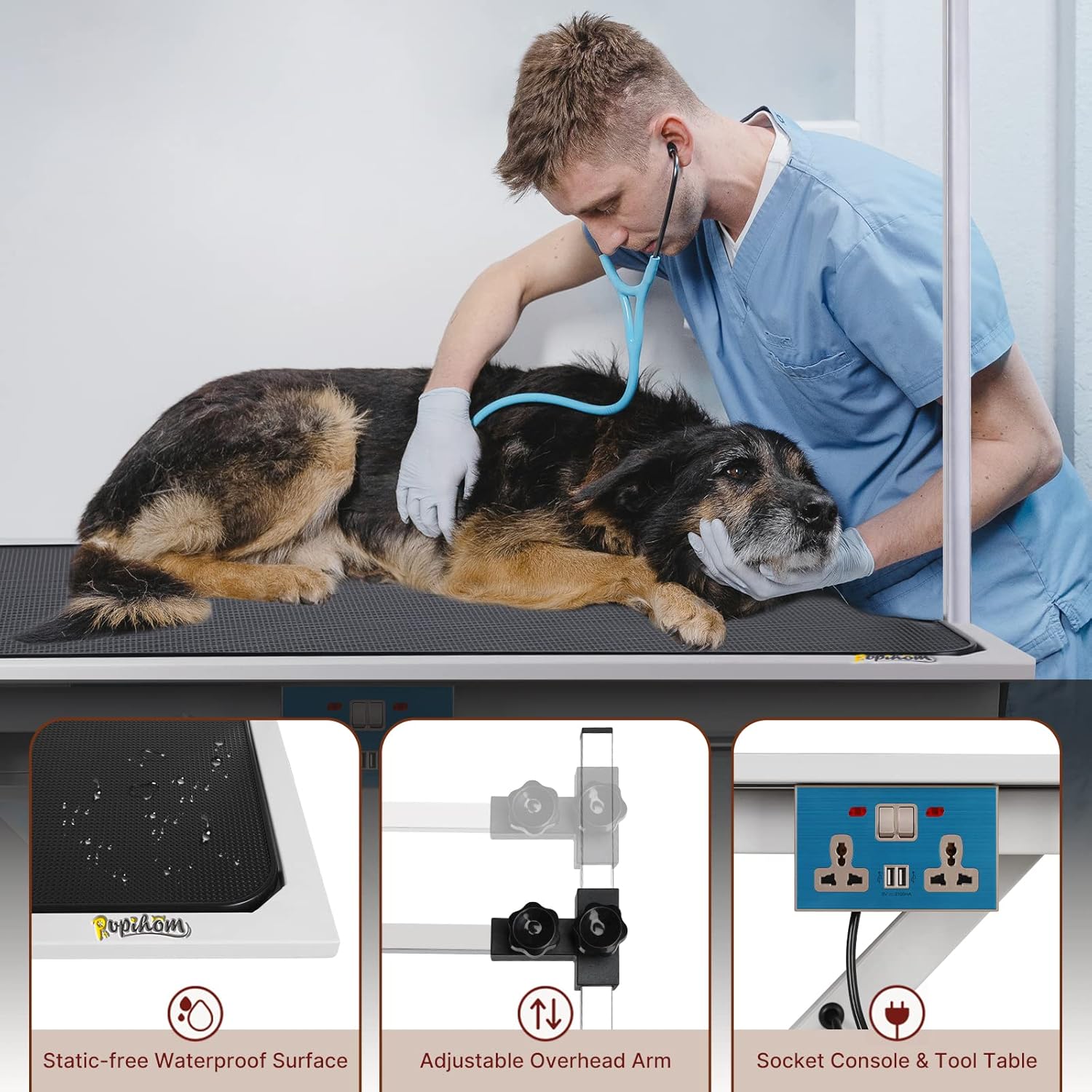 Electric Lift Pet Dog Grooming Table Hydraulic Grooming Table with Adjustable H-Shape Arms and Protective Feet, Heavy Duty Height Adjustable with Overhead Arm, Clamps, and Two Grooming Nooses
