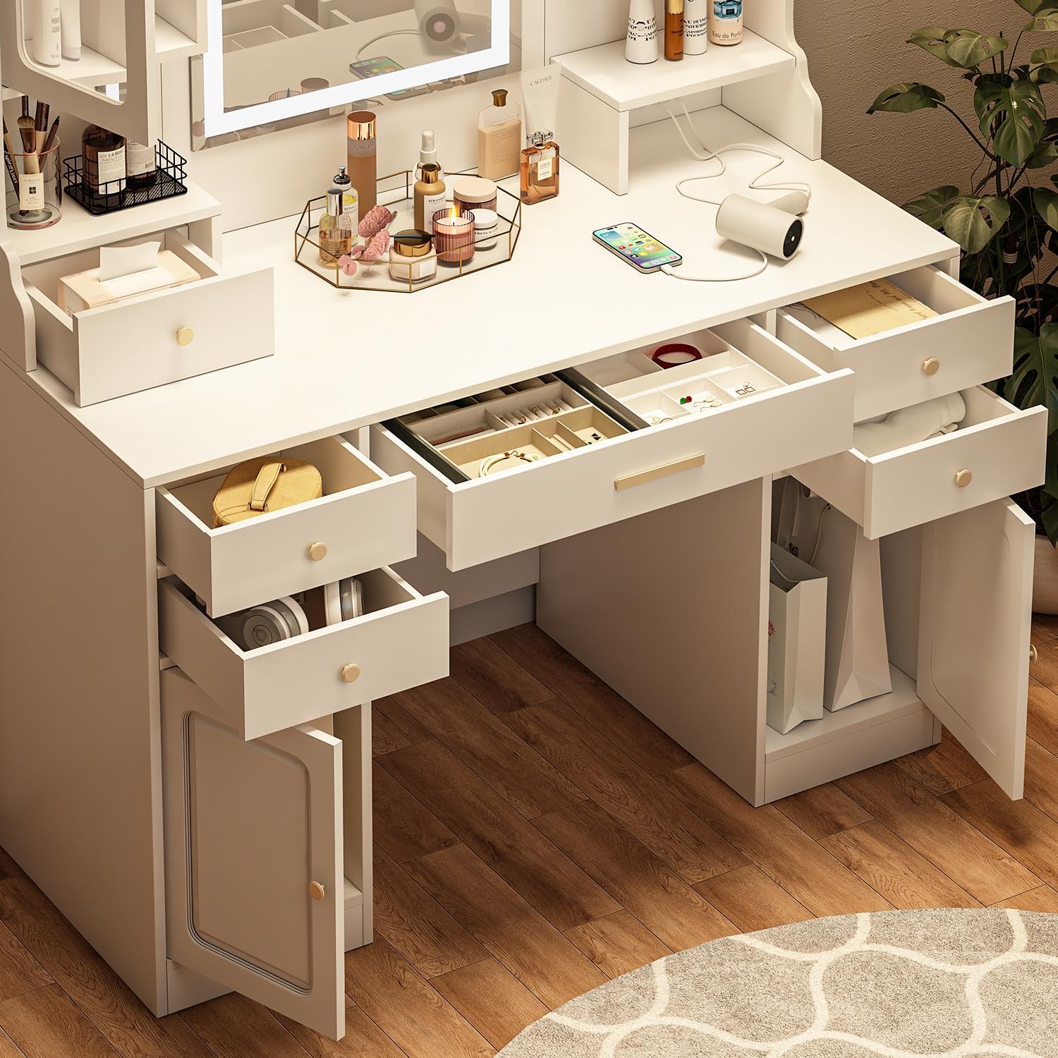 Vanity Desk with LED Lighted Mirror, Makeup Vanity with 11Drawers, 3 Color Lighting Modes Brightness Adjustable, Hidden Wiring, Dressing Table for Bedroom, White (White+MDF+American Design)