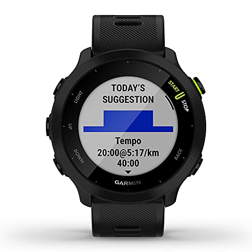 Garmin Forerunner 55 (Black) GPS Running Watch | Beginner Heart Rate Monitor Watch with Time, Pace & Speed Tracker | Gift Box Bundle Wall Adapter, Tempered Glass Screens & Case