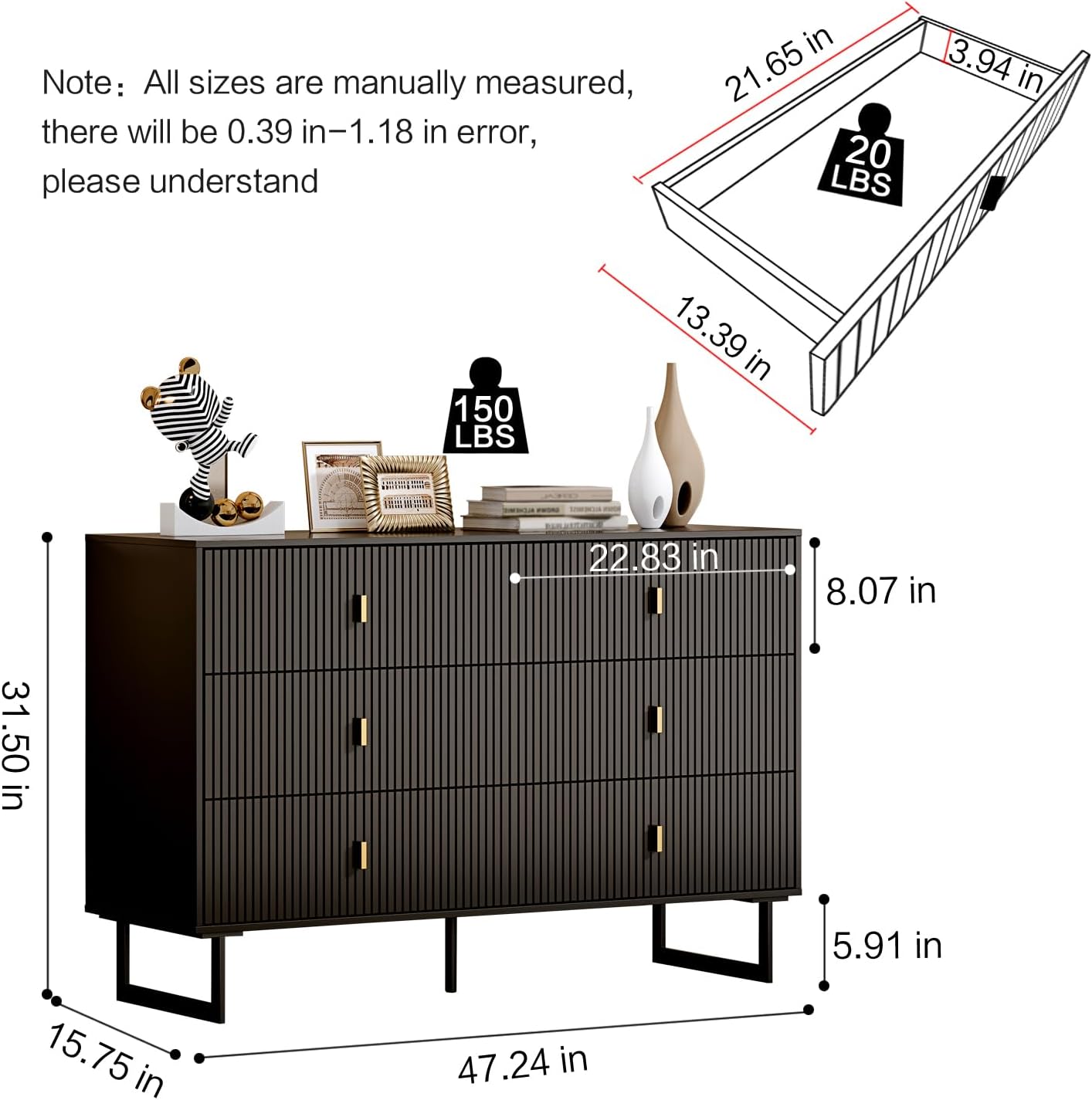Black 6 Drawer Dresser for Bedroom, Large Double Dresser with Wide Drawers, Modern Chest of Drawers,Storage Organizer Dresser,for Living Room, Hallway, Bedroom
