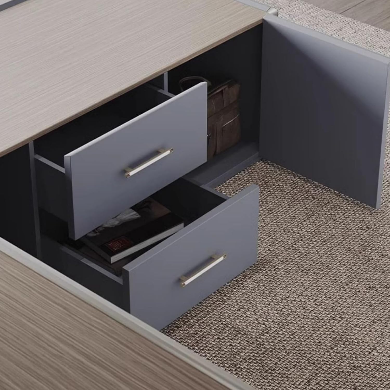 L Shaped Computer Desk with Drawers Cabinet, Modern Large Executive Office Desk Business Furniture Set Workstation for Home Office with USB Power Outlet Storage Cabine