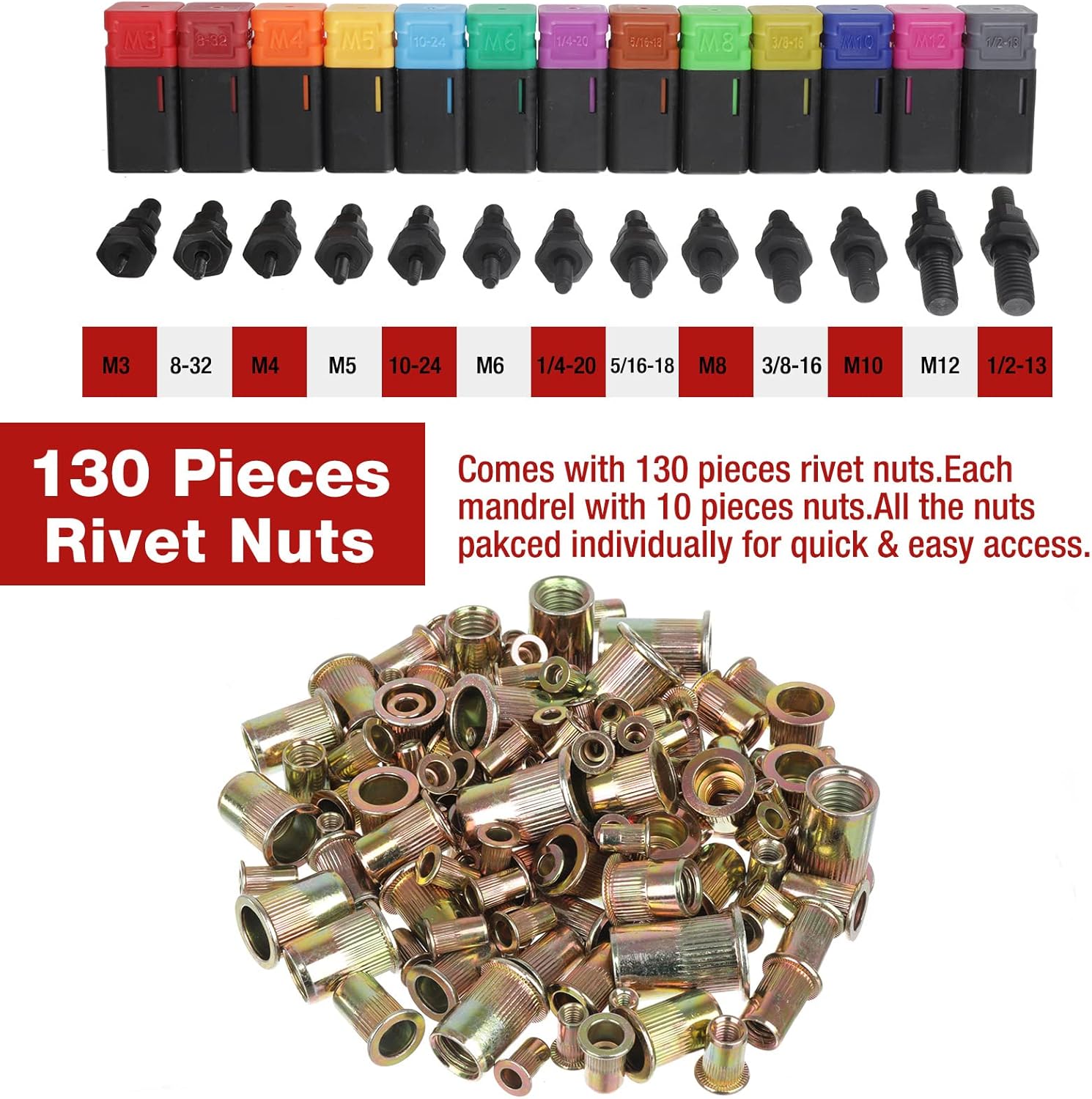 AIUITIO 14''Rivet Nut Tool,Fast Loading and Unloading Rivet Nut,Professional Rivet Nut Setter Kit with 13PCS Metric & Inch Mandrels,130PCS Rivet Nuts,Sturdy Plastic Case - 40% Time and Effort Saving
