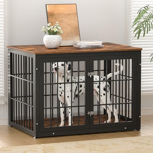 48 Inch Heavy Duty Dog Crate Furniture for Large Dogs, Decorative Pet House End Table, Extra Large Wooden Cage Kennel Furniture Indoor, Natural and White