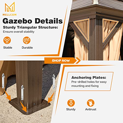 MELLCOM 12'x16' Hardtop Gazebo, Galvanized Steel Metal Double Roof Canopy with Curtains and Netting, Brown Permanent Pavilion Gazebos with Aluminum Frame for Garden, Patio, Lawns, Deck