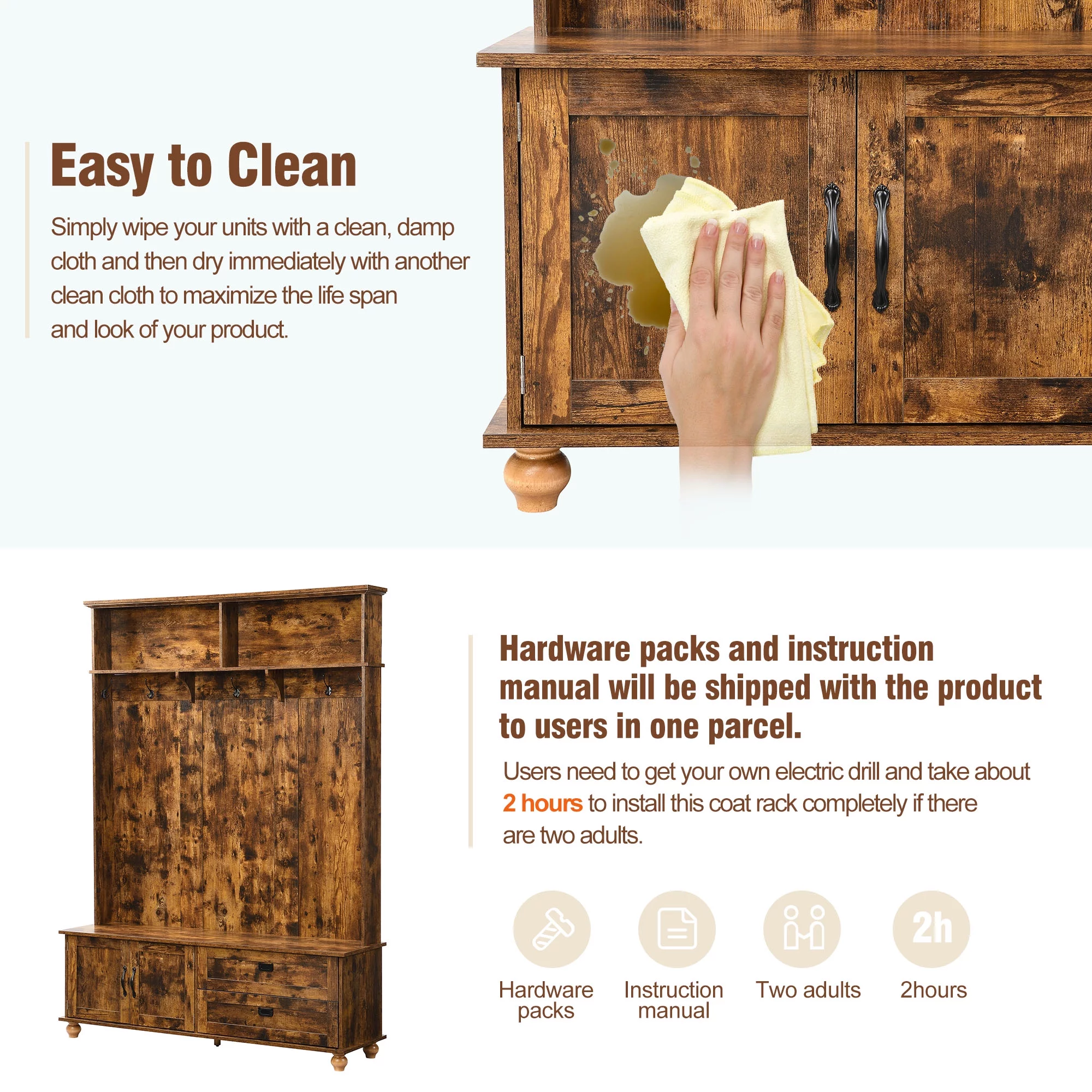 Modern Style Hall Tree with Storage Cabinet and 2 Large Drawers, Widen Mudroom Bench with 5 Coat Hooks, Rustic Brown