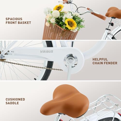 Viribus Beach Cruiser Bike for Women, Womens Bike 24 26 inch, Cruiser Bike with Basket 1 Speed, Bicycle Bike for Short Women, Step Through Bike, Commuting Bike, Adult Bicycles for Women