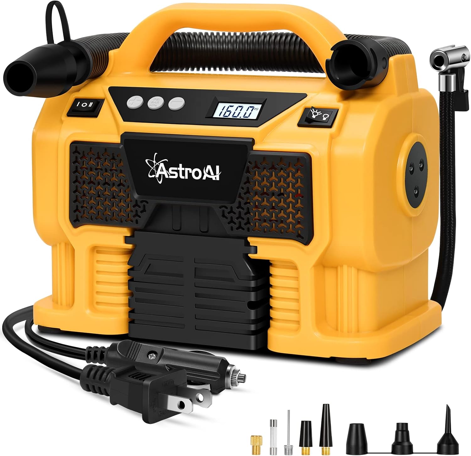 AstroAI Tire Inflator Air Compressor Portable Cordless Car Tire Pump 160 PSI 3 Power Supply 12V DC / 110V AC / 20V Battery with Dual Metal Motors & LCD Pressure Gauge for Tires & Inflatables ACJY3PYE