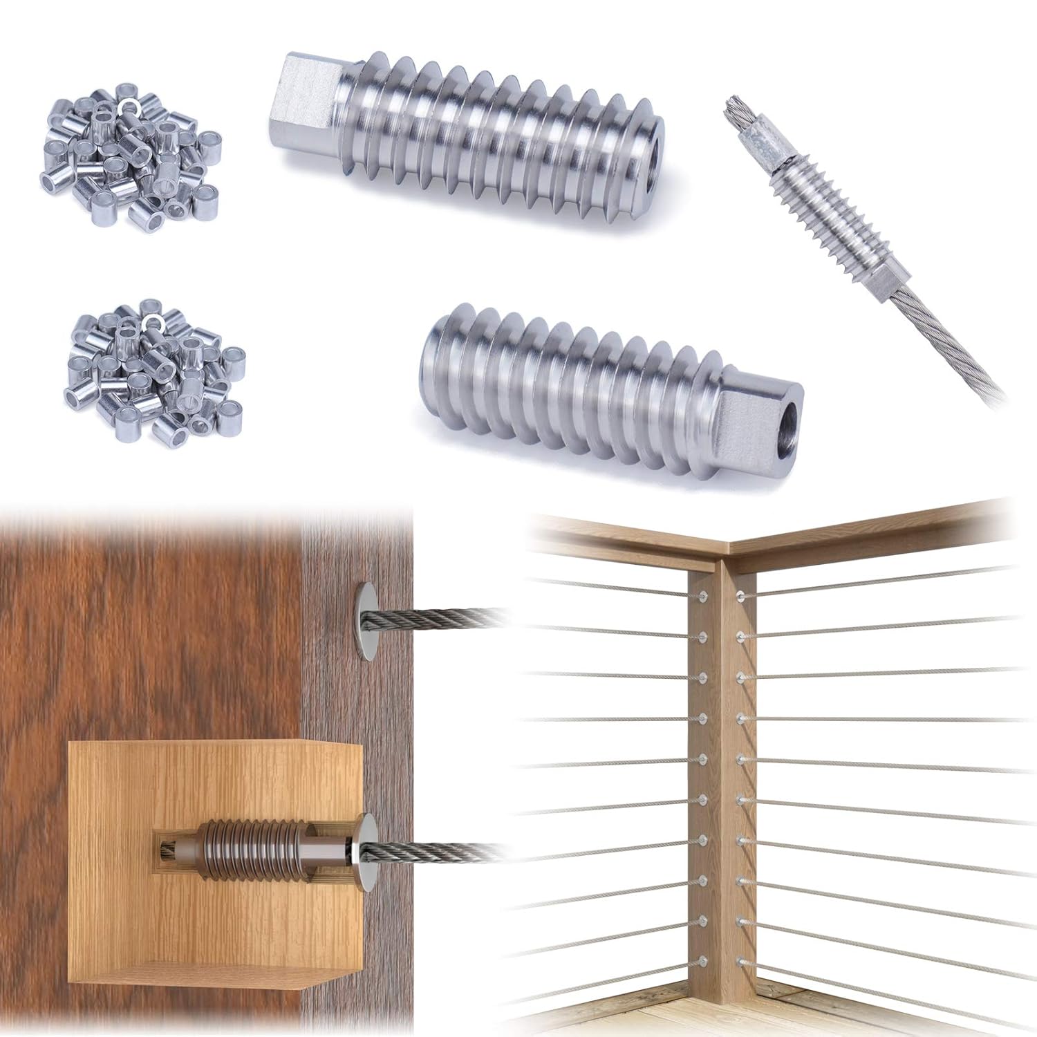 Muzata 40Pack 3/16" Invisible Cable Railing Kit Swage Lag Screw Tensioner CableGenie System Completely Hidden for Wire Rope Wood Posts T316 Stainless Steel 20 Cable Line CR99, CV1 CG1
