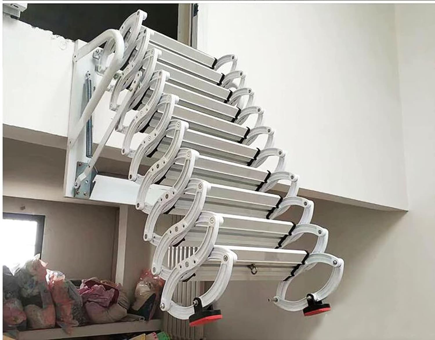 TECHTONGDA Loft Ladder Al-Mg Alloy Attic Steps Pull Down 12 Steps Attic Stairs Wall-mounted Folding Ladder Attic Loft Ladder Stairs with Armrests 9.8ft Height 27.6x27.6in Frame Size